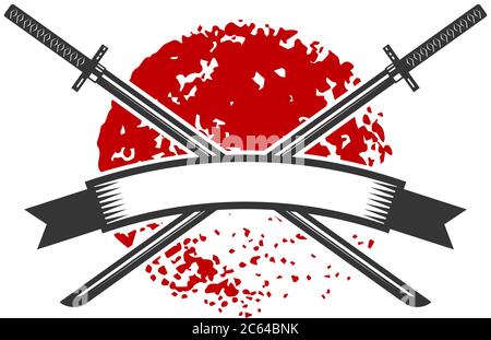 Emblème avec épées de katana croisées. Élément de design pour logo, étiquette, affiche, affiche, t-shirt. Illustration vectorielle Illustration de Vecteur