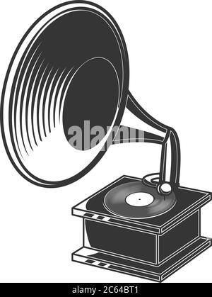 Illustration du gramophone rétro en style gravure. Élément de design pour logo, emblème, affiche, affiche, carte, bannière. Illustration vectorielle Illustration de Vecteur