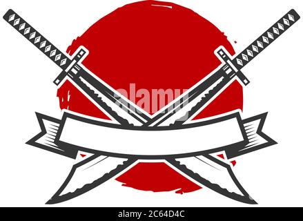 Emblème avec épées de katana croisées. Élément de design pour logo, étiquette, affiche, affiche, t-shirt. Illustration vectorielle Illustration de Vecteur