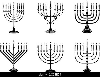 Ensemble d'illustrations de la bougie Hanoukkah en style gravure isolée sur fond blanc. Élément de conception pour affiche, carte, bannière, panneau, emblème. Vecteur Illustration de Vecteur