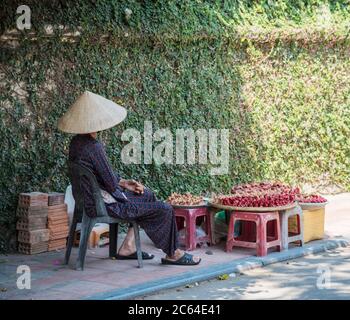 Une vieille dame vietnamienne qui vend des fruits sur le bord de la route à Hoi Ann Vietnam Asie. Banque D'Images