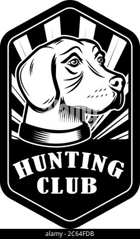 Modèle d'emblème du club de chasse. Chien de chasse. Élément de conception pour logo, étiquette, affiche, affiche, bannière. Illustration vectorielle Illustration de Vecteur