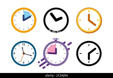 Grand ensemble d'icônes d'horloge de différentes couleurs. Réveil, chronomètre. Concept approchant rapidement de l'échéance. Illustration vectorielle. Illustration de Vecteur
