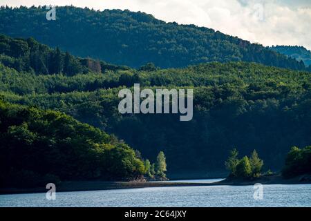 Le Rursee, réservoir dans le Parc National de l'Eifel, rive nord-est près de Heimbach, près du barrage de Rur Schwammenauel, NRW, Allemagne, Banque D'Images