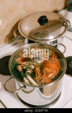 Crabes bouillis rouges dans une casserole. Les crabes bleus sont cuits dans une casserole avec un couvercle en verre. Banque D'Images