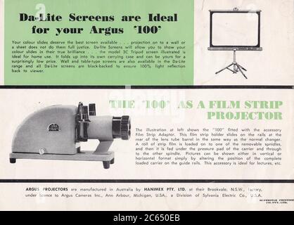 Vintage `Argus `100` 35mm Projector` manuel 1940. Banque D'Images