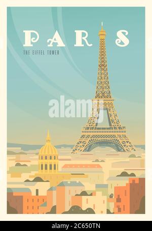 La tour Eiffel, les arbres. Temps de déplacement. Dans le monde entier. Poster vectoriel de qualité. France. Illustration de Vecteur