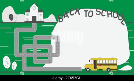 Fond plat, Retour à l'école, UN bus d'école se dirige à l'école le long de la route étourdie Illustration de Vecteur