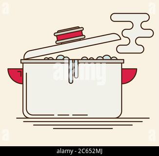 Eau bouillante dans la casserole. Vecteur plat. Illustration de Vecteur