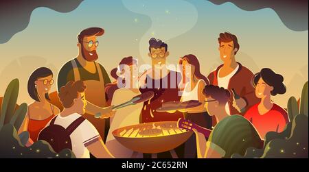 Loisirs, vacances, manger, les gens et la nourriture concept - heureux amis ayant la viande Illustration de Vecteur