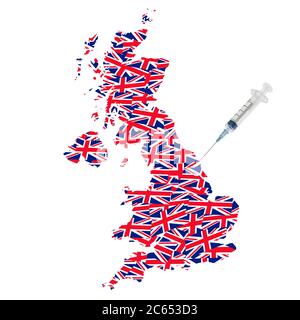 Représentation de la vaccination de la population du Royaume-Uni contre le coronavirus montrant les drapeaux de l'Union Jack dans un plan de carte. Banque D'Images