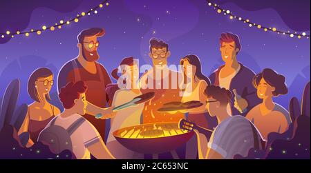 Loisirs, vacances, manger, les gens et la nourriture concept - heureux amis ayant la viande Illustration de Vecteur