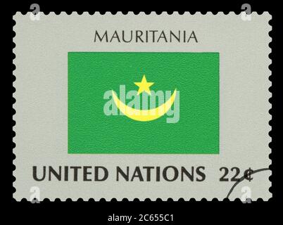 MAURITANIE - timbre de poste du drapeau national de la Mauritanie, série des Nations Unies, vers 1984. Banque D'Images