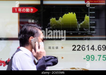 Tokyo, Japon. 7 juillet 2020. Un homme passe devant un panneau de stock électronique montrant la moyenne du stock Nikkei au Japon, qui chute de -99,75 points ou 0.44 pour cent à la fermeture à 22,614.69. Credit: Rodrigo Reyes Marin/ZUMA Wire/Alay Live News Banque D'Images