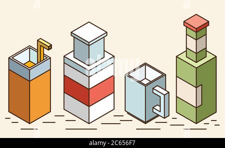 Ensemble de tasses isométriques stylisées et de verres de boissons Illustration de Vecteur