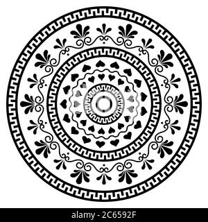 Motif boho mandala à vecteur grec avec motif clé, fleurs et tourbillons, motif de yoga monchrome Illustration de Vecteur