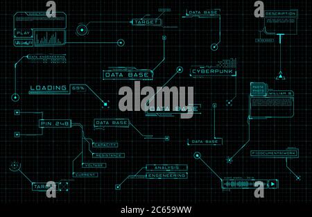 Éléments de conception de trait de coupe HUD. Ensemble d'interfaces utilisateur futuristes de légende. Disposition numérique moderne du panneau de commande et du menu utilisateur HUD, GUI, FUI. Modifiable Illustration de Vecteur