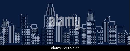 Paysage urbain, ville avec bordure sans couture, silhouette urbaine de bâtiments à plusieurs étages, arrière-plan de ville, dessin de lignes noir et blanc, isolé Illustration de Vecteur