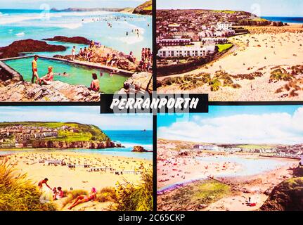 Kendal, Cumbria, Royaume-Uni 4 juillet 2020 carte postale couleur de Perranporth Cornwall Royaume-Uni Banque D'Images