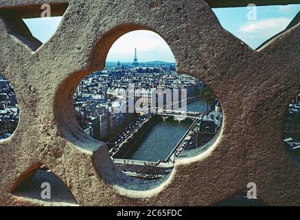 Vue sur la Tour Eiffel et la Seine encadrée de pierres sur le sommet de notre Dame à Paris. Illustration de la photo d'archives 1972 Banque D'Images