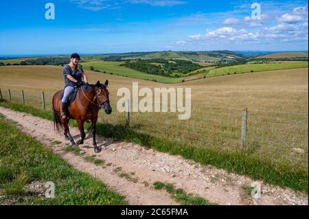 Brighton UK 7 juillet 2020 - UN cavalier profite de la journée ensoleillée sur les South Downs juste au nord de Brighton aujourd'hui comme la prévision est pour le temps instable dans toute la Grande-Bretagne au cours des prochains jours : Credit Simon Dack / Alay Live News Banque D'Images