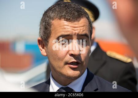 Ministre de l'action publique et des comptes de France, Gérald Darmanin vu lors de sa visite officielle à Marseille. Banque D'Images