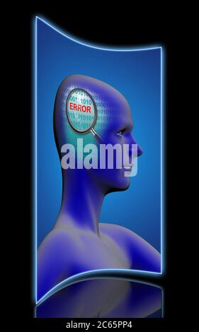 profil d'un homme avec gros plan de la loupe sur erreur faite dans le logiciel 2d Banque D'Images