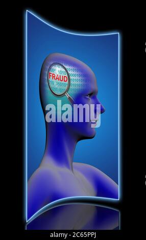 profil d'un homme avec gros plan de la loupe sur la fraude faite dans le logiciel 2d Banque D'Images