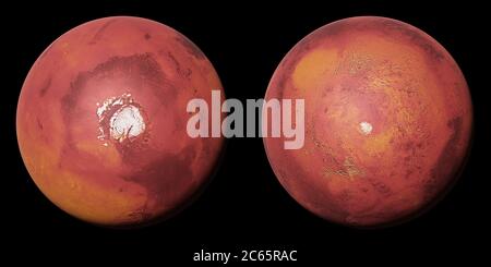 Planète Mars, les calottes polaires de la planète rouge isolées sur fond noir Banque D'Images
