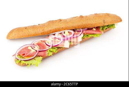 Ouvert un grand sandwich au jambon de baguette sur fond blanc Banque D'Images