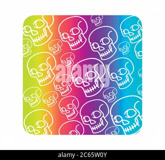 Motif vectoriel sans couture avec crânes humains. Remplissage dégradé, couleurs de tendance vives : violet, orange, bleu sur fond noir. Illustration de Vecteur