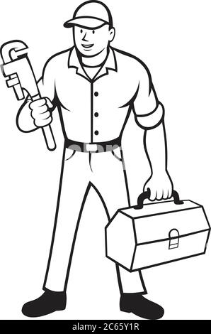 Illustration de style caricature d'un plombier ou d'un homme de main tenant une clé à singe et portant une boîte à outils sur un fond blanc isolé fait en noir et blanc Illustration de Vecteur