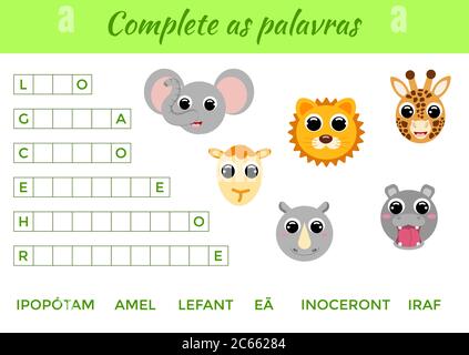 Compléter comme palavras - compléter les mots, écrire les lettres manquantes. Jeu éducatif assorti pour les enfants avec des animaux mignons. Page d'activité pédagogique Illustration de Vecteur
