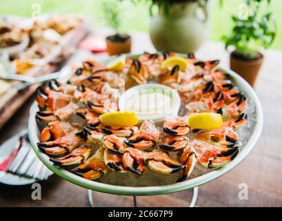 hors-d'œuvre de crabe à griffe avec citron et sauce à trempette Banque D'Images