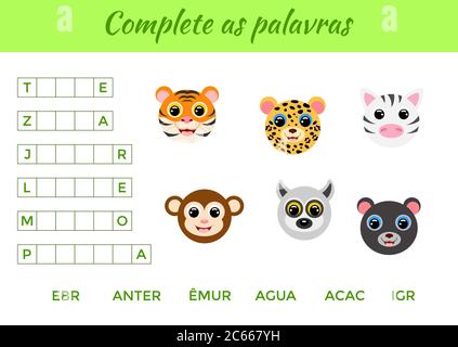 Compléter comme palavras - compléter les mots, écrire les lettres manquantes. Jeu éducatif assorti pour les enfants avec des animaux mignons. Page d'activité pédagogique Illustration de Vecteur