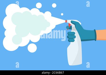 Homme main dans des gants tient une bouteille de spray antiseptique avec aérosol. La fiole antibactérienne tue les bactéries et les virus Illustration de Vecteur