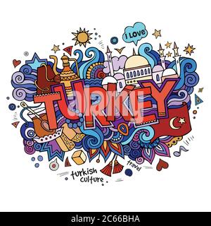 Dinde lettrage à la main et gribouillages éléments arrière-plan. Illustration de Vecteur