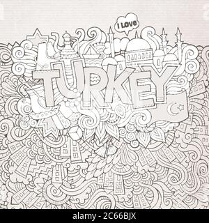 Dinde lettrage à la main et gribouillages éléments arrière-plan. Illustration de Vecteur