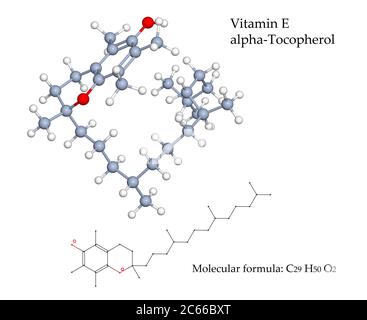Molécule d'alpha-tocophérol de vitamine E. Les sources alimentaires de cet antioxydant sont les huiles végétales, les noix, les graines et les céréales enrichies pour le petit déjeuner. illustration 3d Banque D'Images