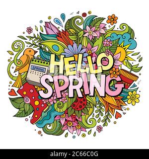 Dessin animé adorable gribouillages Hello Spring dessinés à la main Illustration de Vecteur