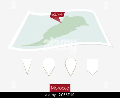 Carte papier courbe du Maroc avec Rabat, capitale, sur fond gris. Quatre différents jeux de broches de carte. Illustration vectorielle. Illustration de Vecteur
