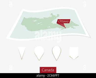 Carte papier courbe du Canada avec la capitale Ottawa sur fond gris. Quatre différents jeux de broches de carte. Illustration vectorielle. Illustration de Vecteur