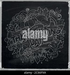 Dessin animé adorable gribouillages dessinés à la main inscription de Thanksgiving Illustration de Vecteur