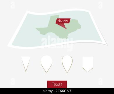 Carte papier courbe de l'État du Texas avec la capitale Austin sur fond gris. Quatre différents jeux de broches de carte. Illustration vectorielle. Illustration de Vecteur