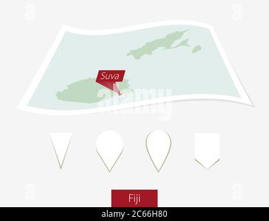 Carte papier courbe des Fidji avec la capitale Suva sur fond gris. Quatre différents jeux de broches de carte. Illustration vectorielle. Illustration de Vecteur