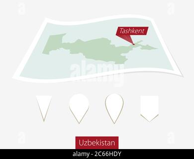 Carte papier courbée de l'Ouzbékistan avec la capitale Tachkent sur fond gris. Quatre différents jeux de broches de carte. Illustration vectorielle. Illustration de Vecteur
