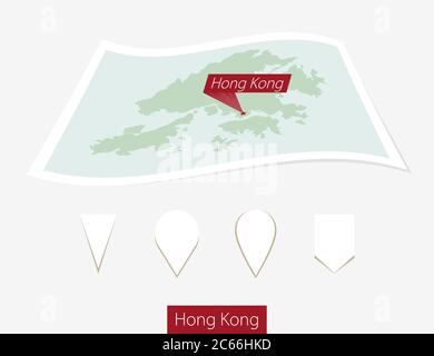 Carte papier courbe de Hong Kong avec la capitale sur fond gris. Quatre différents jeux de broches de carte. Illustration vectorielle. Illustration de Vecteur