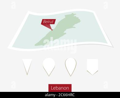 Carte papier courbe du Liban avec Beyrouth, capitale, sur fond gris. Quatre différents jeux de broches de carte. Illustration vectorielle. Illustration de Vecteur