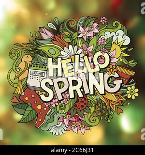 Dessin animé adorable gribouillages Hello Spring dessinés à la main Illustration de Vecteur