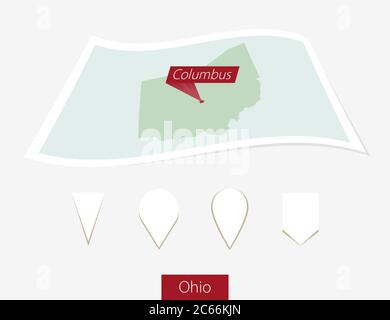 Carte papier courbe de l'État de l'Ohio avec la capitale Columbus sur fond gris. Quatre différents jeux de broches de carte. Illustration vectorielle. Illustration de Vecteur